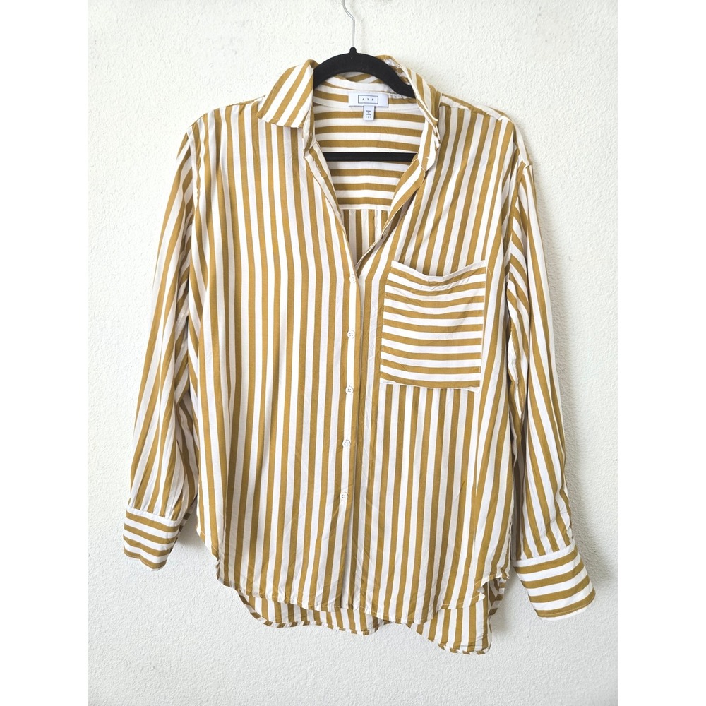 AYR Womens S The Deep End Button Down Shirt Yellow Stripe Silk Blend Oversized - Picture 2 of 10